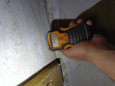 Moisture meter showing elevated levels at the basement